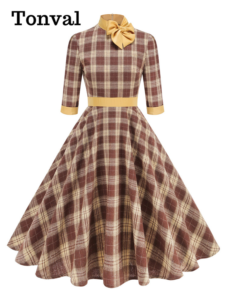 Women'S Fashion Of The 50S - Tonval Mock Neck Bowknot Plaid 50s