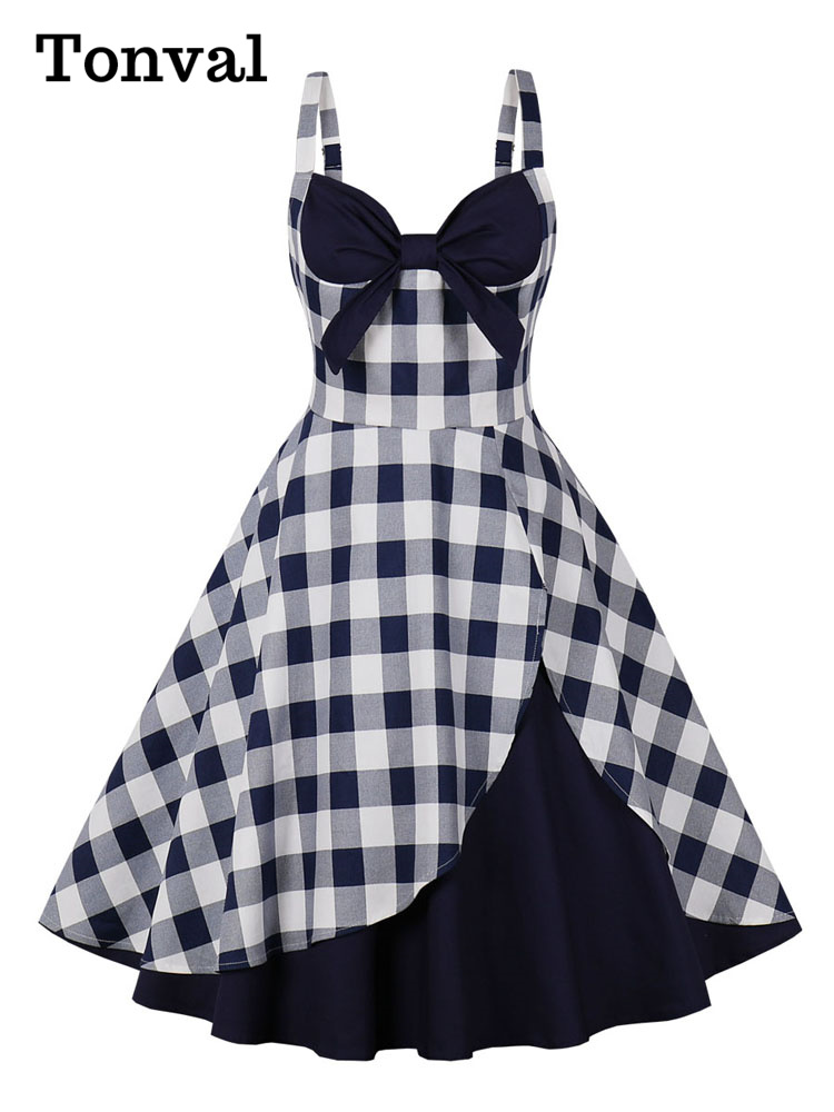 Women'S Fashion Of The 50S - Tonval V-Neck Bow Front Gingham and