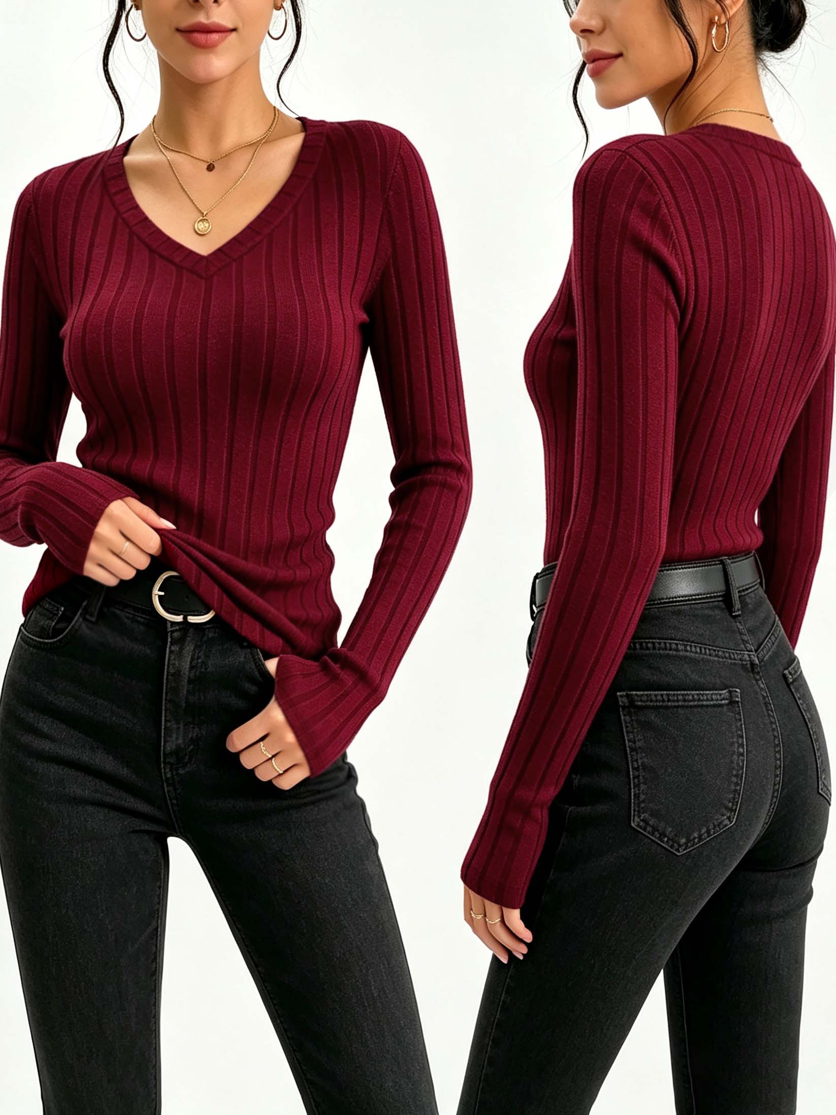 Women Solid V‑Neck Ribbed Knit - Trend Women Fashion 评论和价格