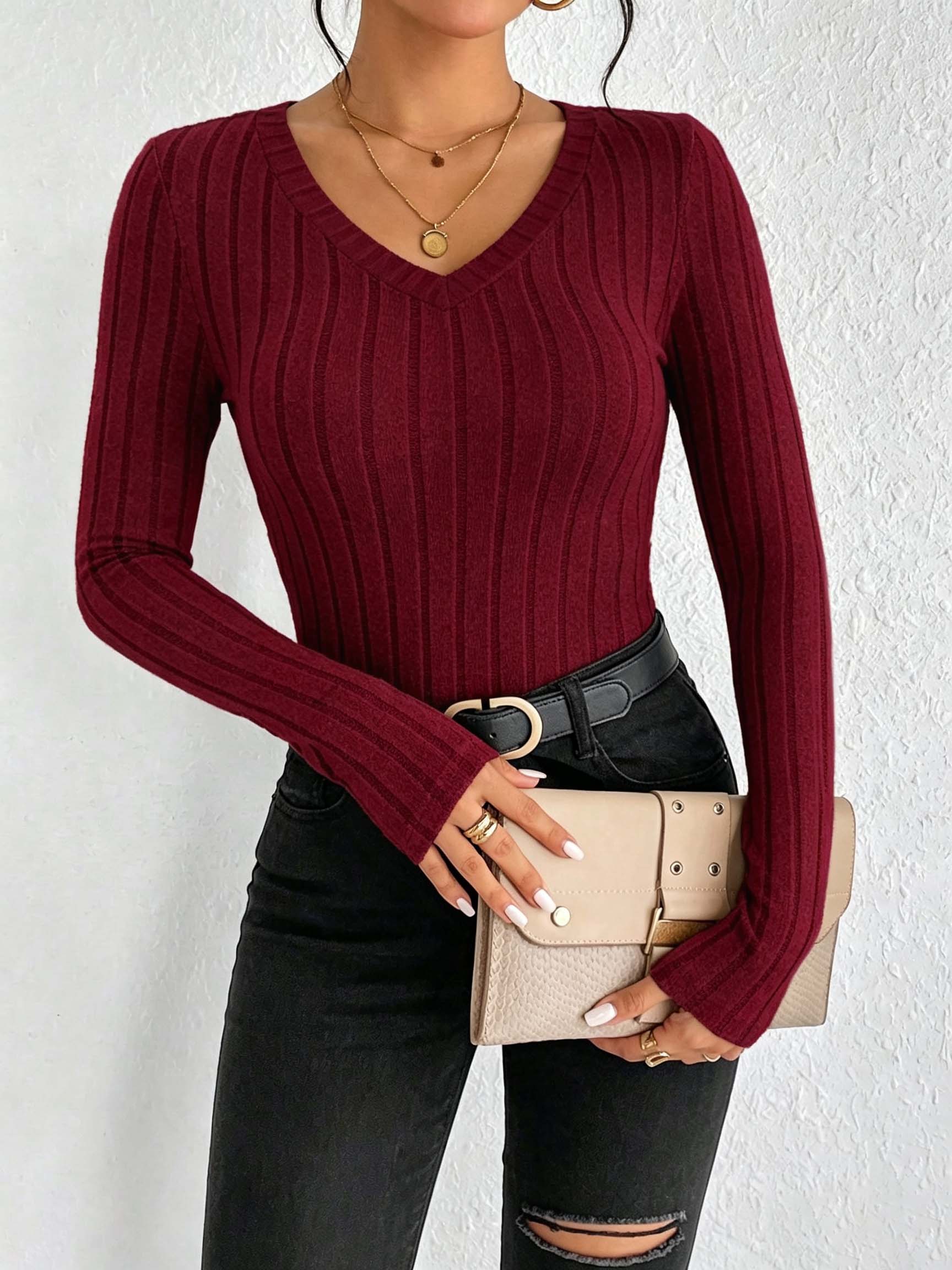 Women Solid V‑Neck Ribbed Knit - Trend Women Fashion 评论和价格