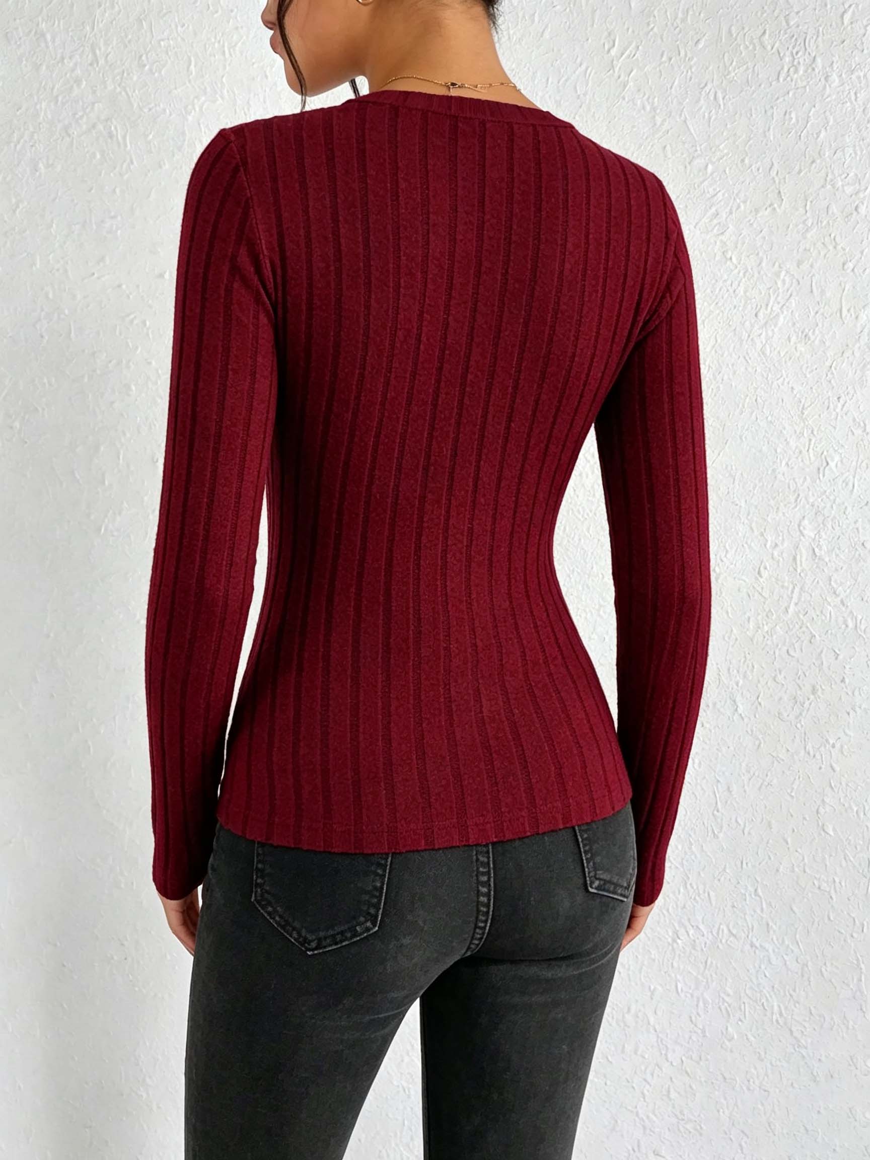 Women Solid V‑Neck Ribbed Knit - Trend Women Fashion 评论和价格