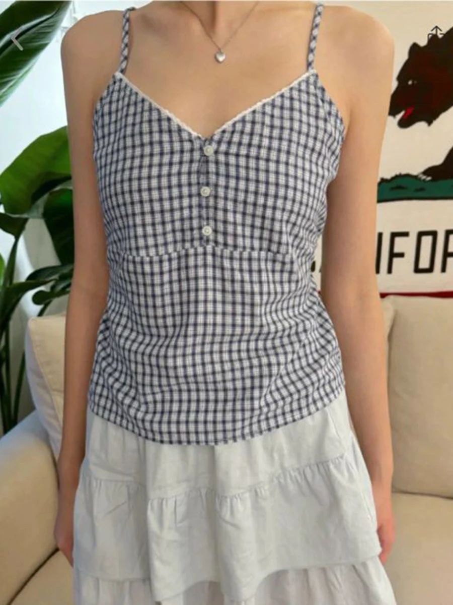 Navy Plaid Tank Shorts 2 Piece - Lace Trim Cami 评论和价格