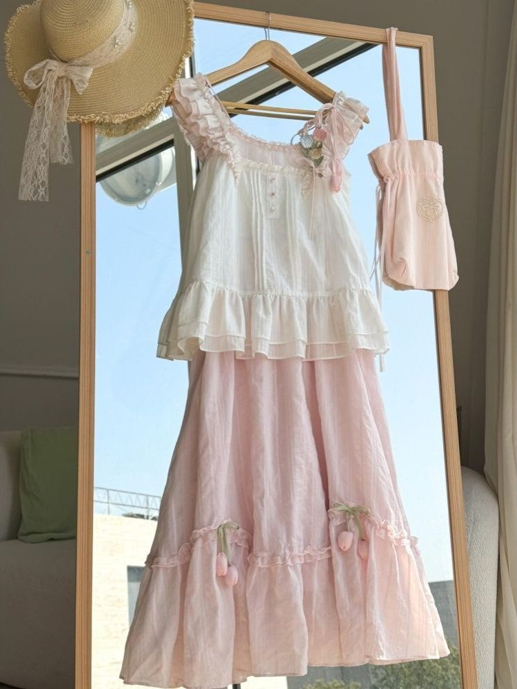 Sweet Kawaii Ruffle Trim Tulip - Lace Trim Cami 评论和价格