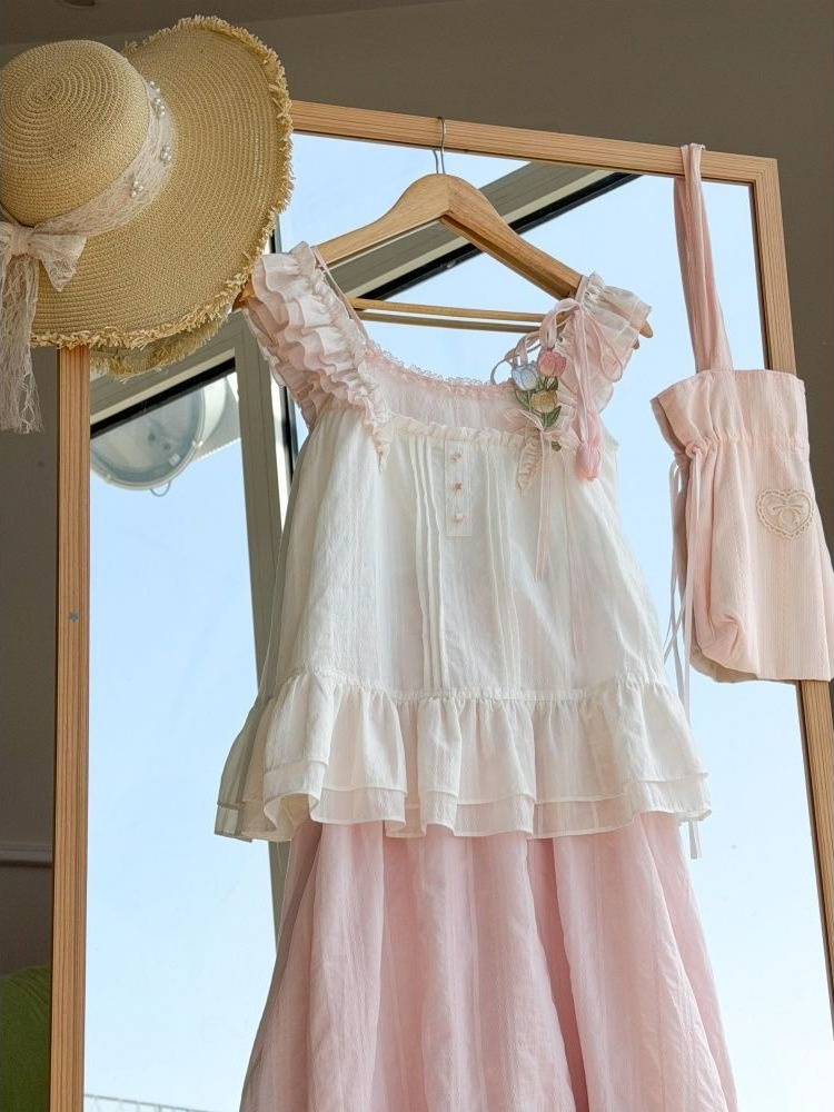 Sweet Kawaii Ruffle Trim Tulip - Lace Trim Cami 评论和价格